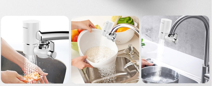Collage of a kitchen faucet in use with various activities.