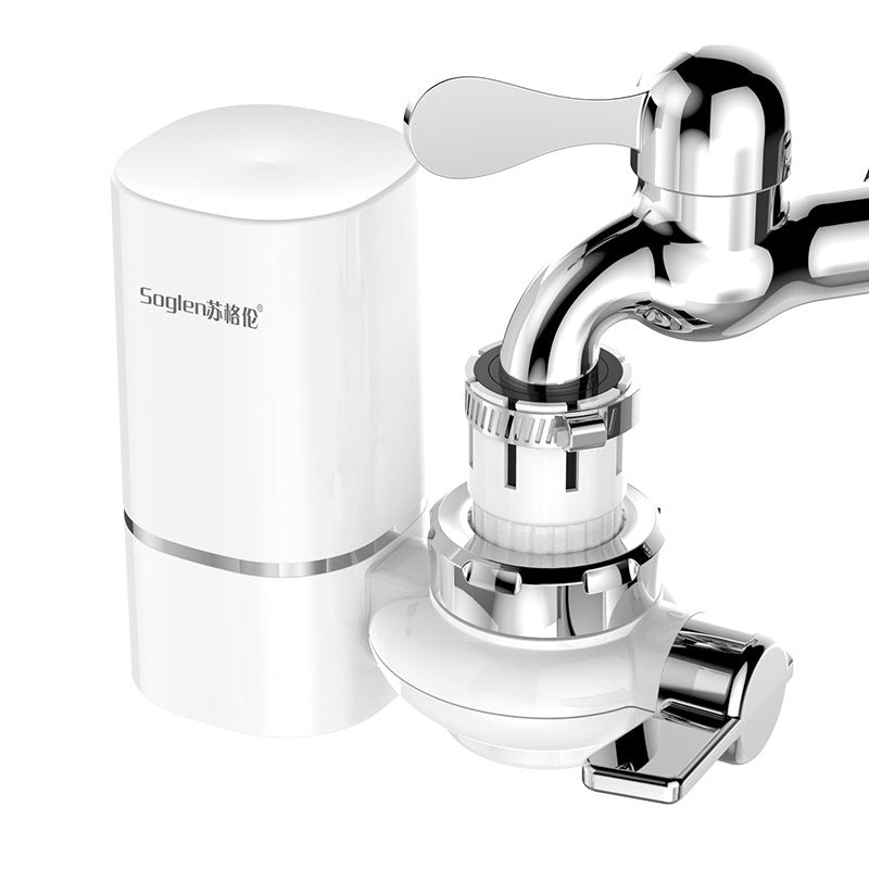 Chrome kitchen faucet with white filter housing on a white background