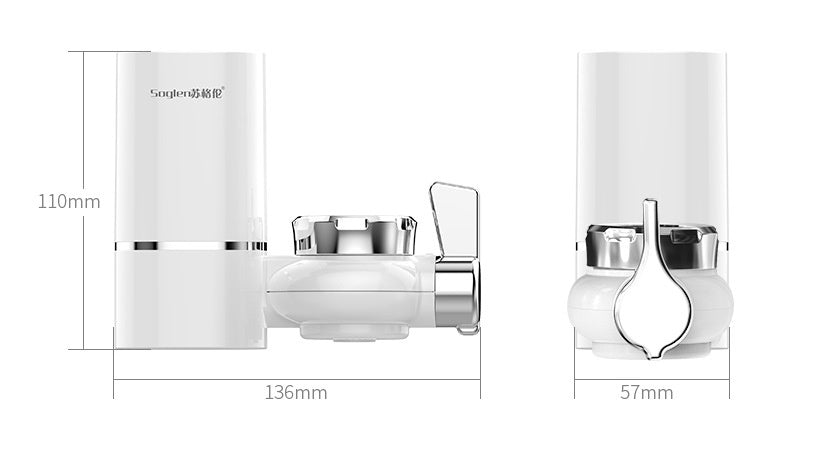 White kitchen faucet with dimensions labeled on a white background