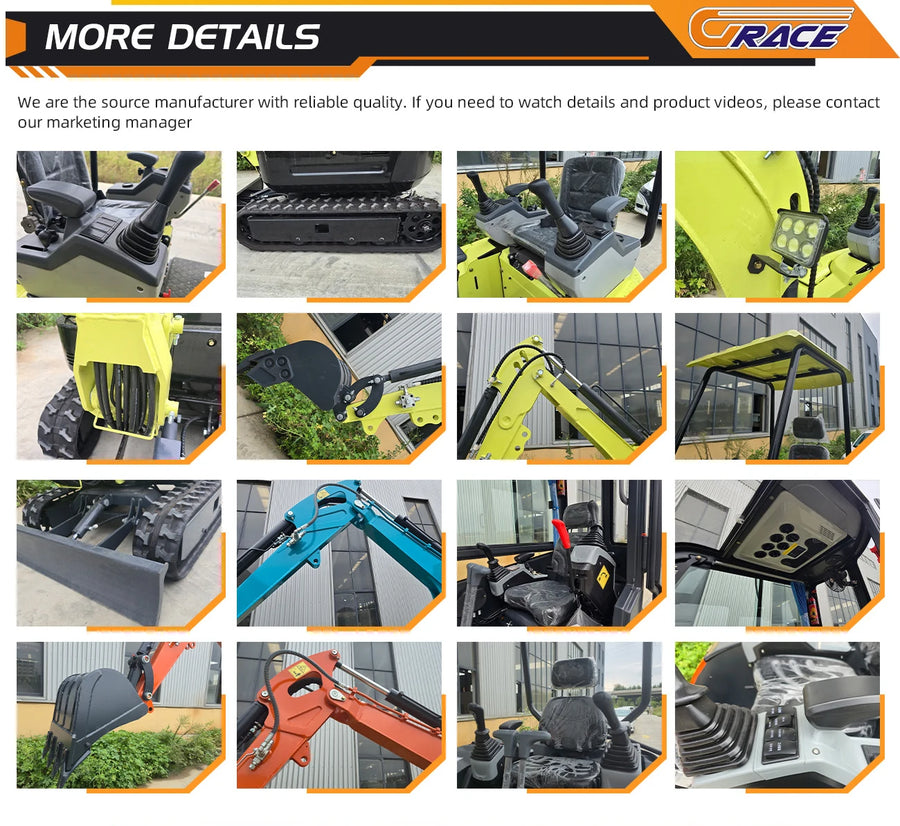 1.8 ton mini excavator – GRACE excavator promotional collage with close-up detail photos