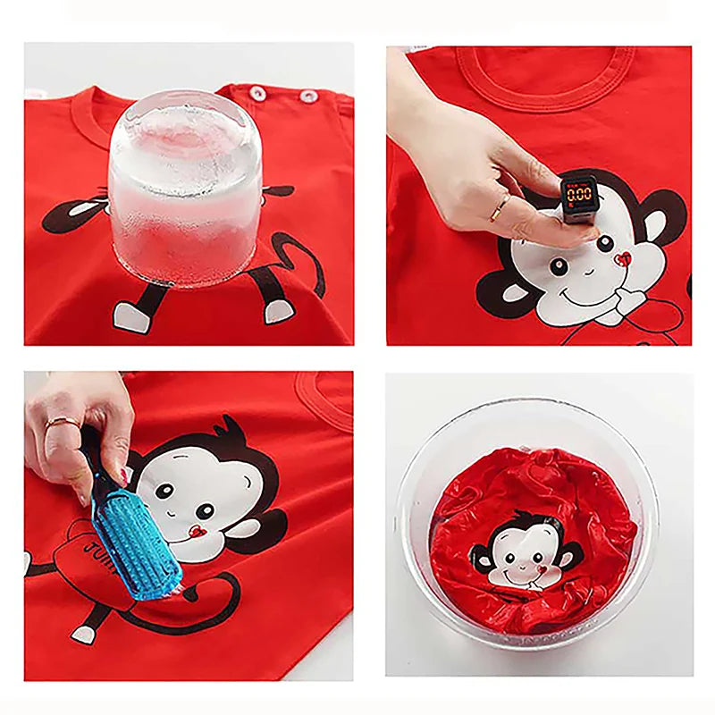 Kids Clothes Set featuring a playful monkey design, showcasing fun activities like ice and sponge application for kids.