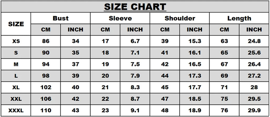 Size chart for Man's T-shirt Fashion Letter Print T Shirt Man including measurements for various sizes