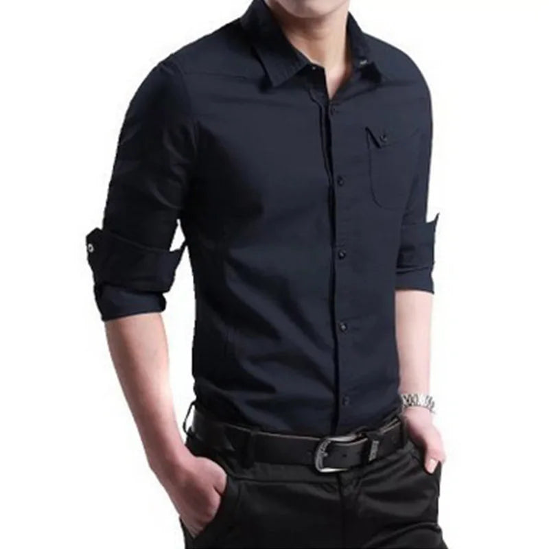 Men's black casual button-down shirt with rolled-up sleeves, worn by a model