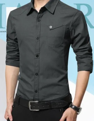 Men's long sleeve casual button-down shirt in black, worn by a model