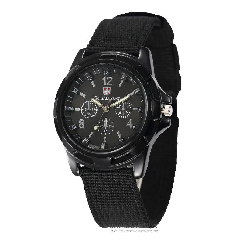 Black military-style quartz watch with detailed dial on white background