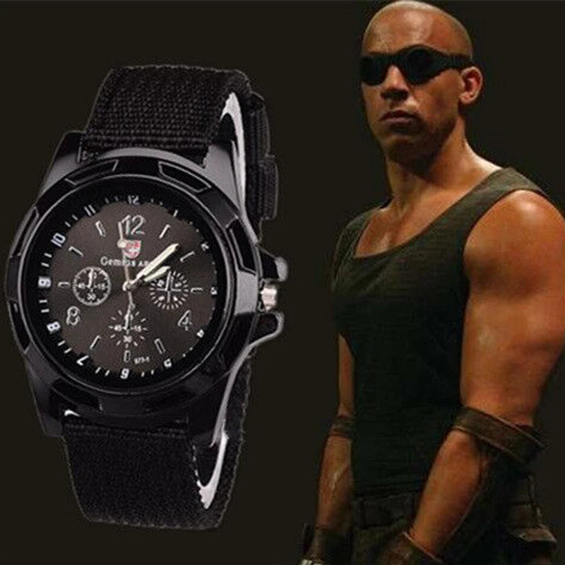 Black military-style quartz watch with detailed dial