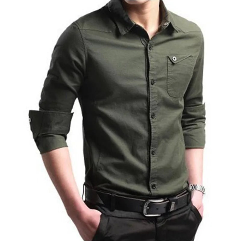 Men's long sleeve button-down casual shirt in army green, worn by a model