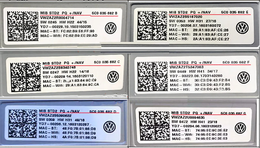 Multiple Volkswagen vehicle identification labels with QR codes and logos.