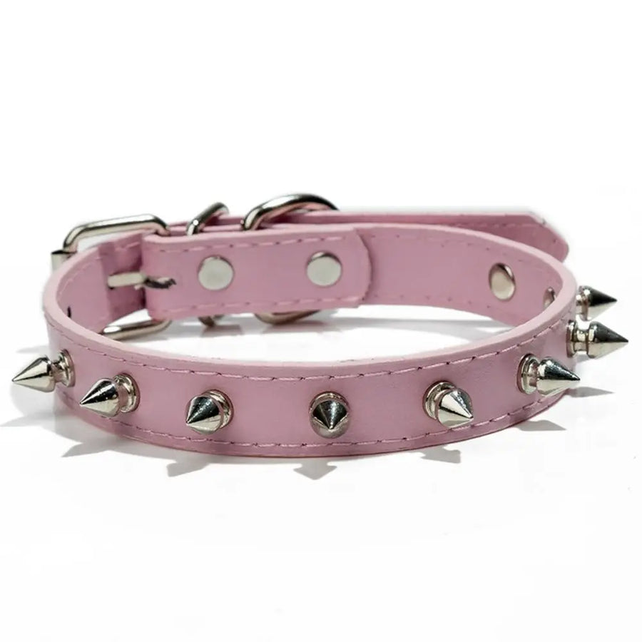 Pink spiked dog collar – PU leather studded collar with silver spikes on white background