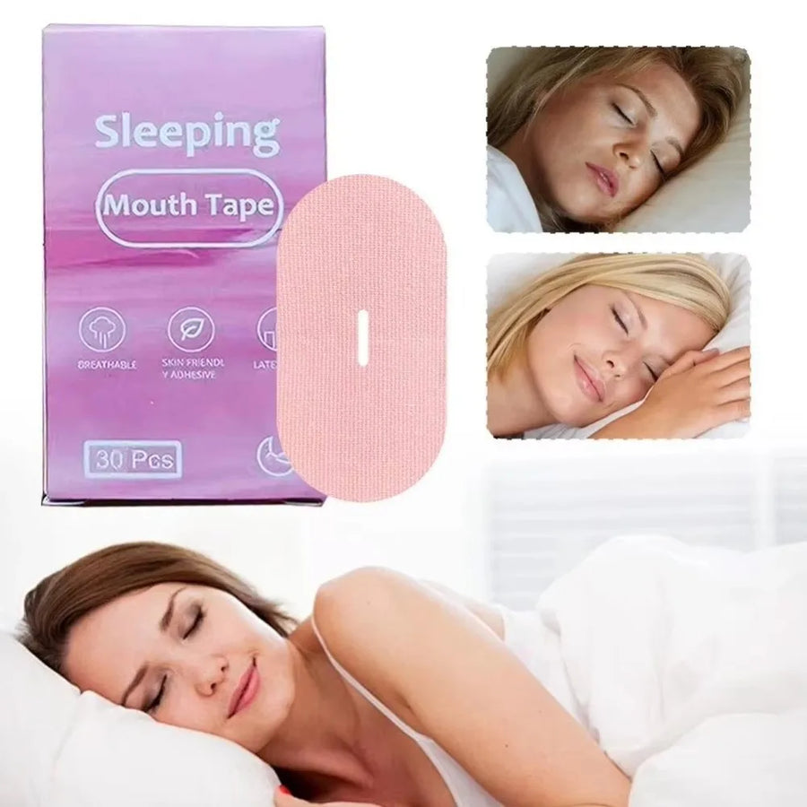 Mouth tape for sleeping — pink Sleeping Mouth Tape 30-pack box with gentle sleep strip and photos of women sleeping with mouth tape applied