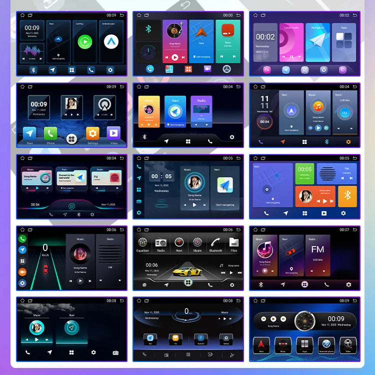Grid of car touchscreen display interface themes showing music, navigation, radio and phone screens