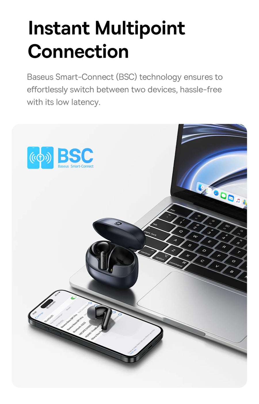 Wireless earbuds with a smartphone and laptop on a white background, featuring Baseus Smart-Connect technology.