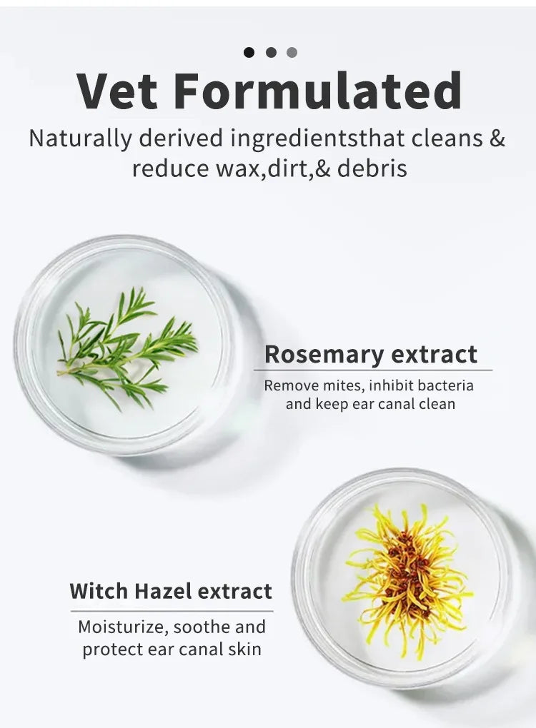 Pet ear cleaning finger wipes product packaging with rosemary and witch hazel extracts, vet formulated for ear care