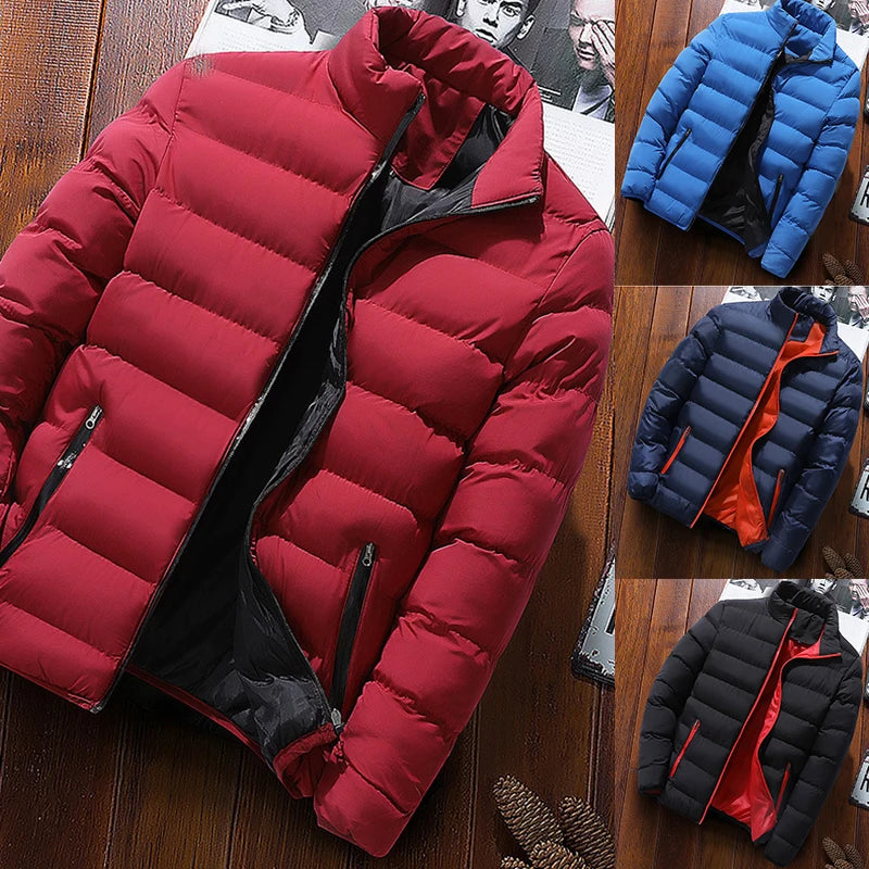 Men's stand collar winter jacket, casual zip-up windbreaker coat