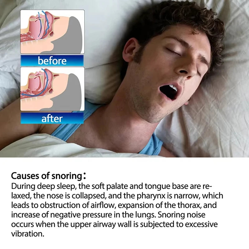 Mouth Tape for Sleeping - man snoring with anatomical illustrations of a snoring mouth and explanation text
