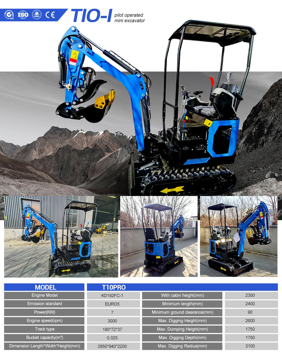 1.8 ton mini excavator – blue and black T10PRO compact excavator with side-angle views