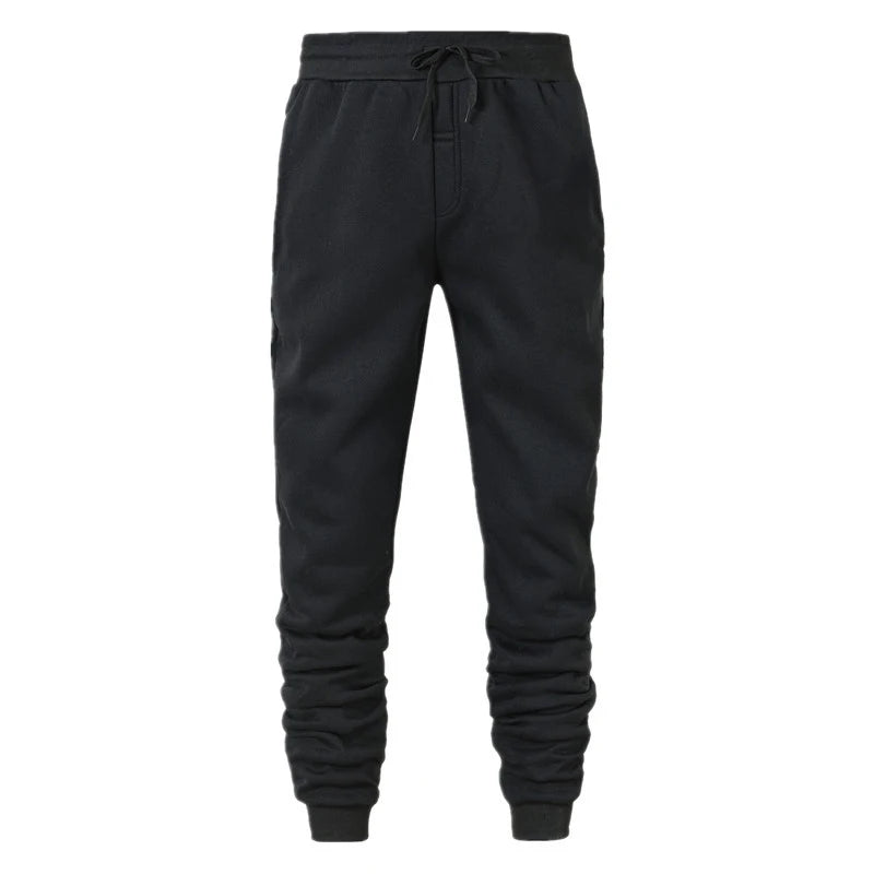 Men's black jogger sweatpants with elastic waistband and side pockets on white background
