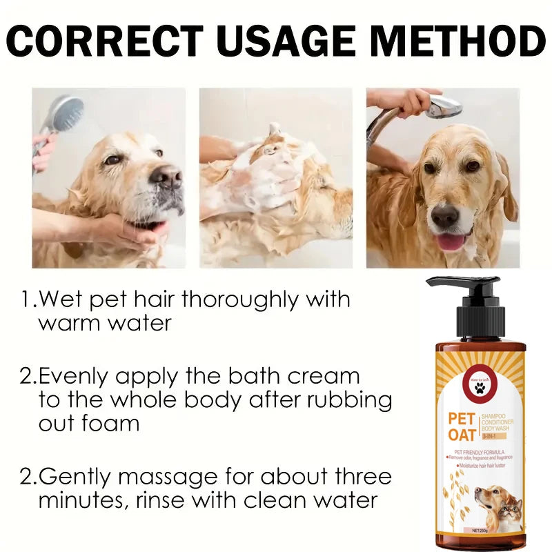 Instructional graphic for a pet bath cream product showing three photos of a dog being bathed, with text reading 'CORRECT USAGE METHOD' and step-by-step directions. A pump bottle labeled 'PET OAT' appears on the lower right.