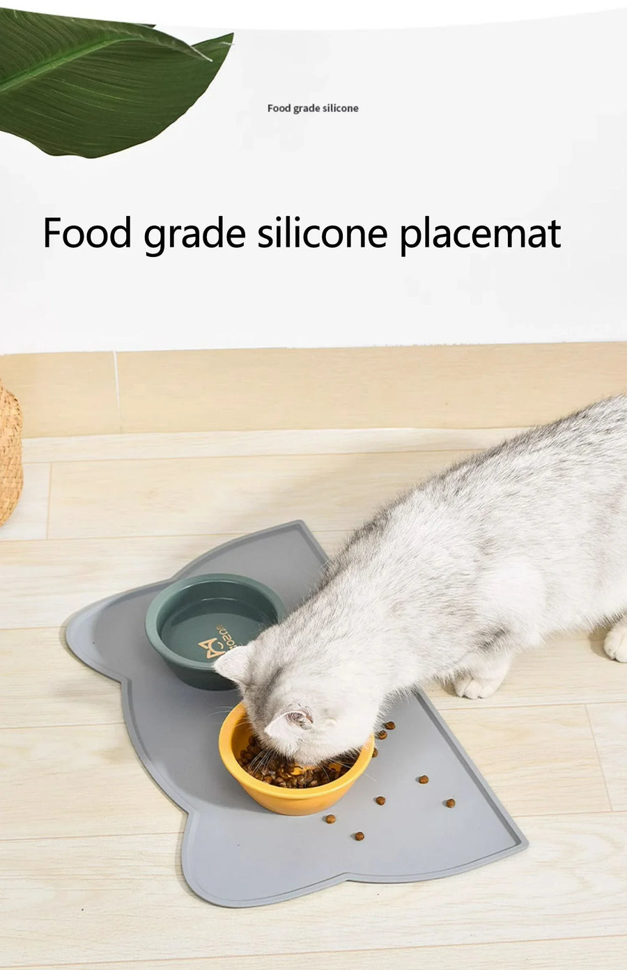 Cat eating from an easy-to-clean pet feeding mat – food grade placemat