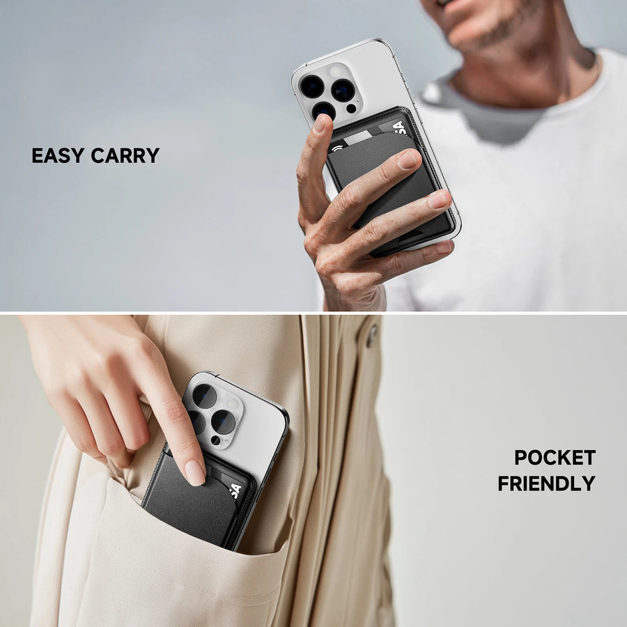 Person holding a phone case with text 'Easy Carry' and 'Pocket Friendly'.