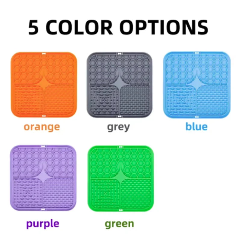 Five square mats in different colors with labels on a white background
