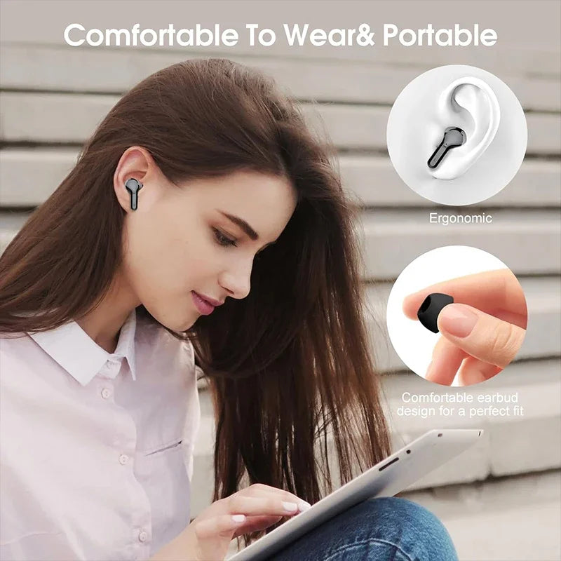 Woman using a tablet with wireless earbuds, emphasizing comfort and portability.