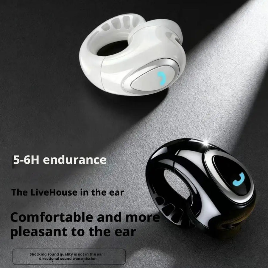 Black open-ear clip-on wireless earbuds product shot on dark background