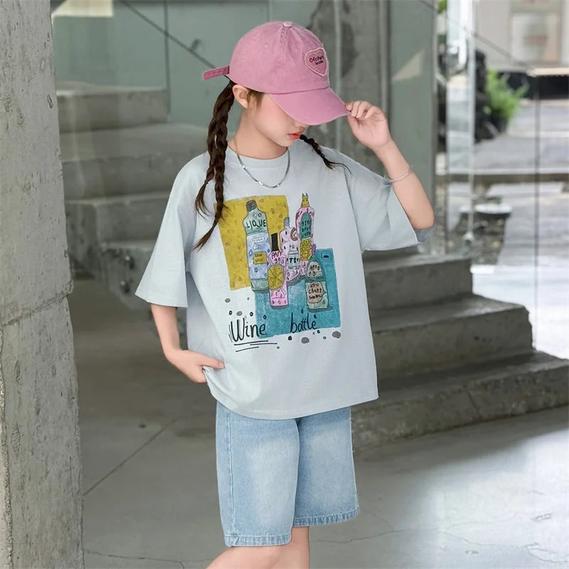 Girls Summer Outfit Set – Print T-Shirt + Shorts (Ages 5-14)
