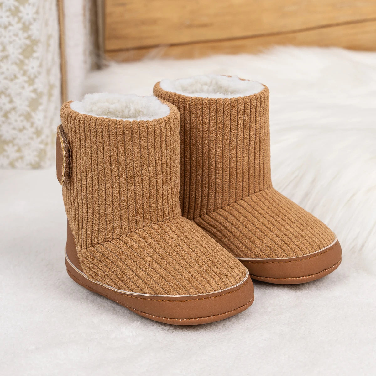 Newborn Baby Winter Boots – Soft Corduroy Booties in tan color on fluffy surface.