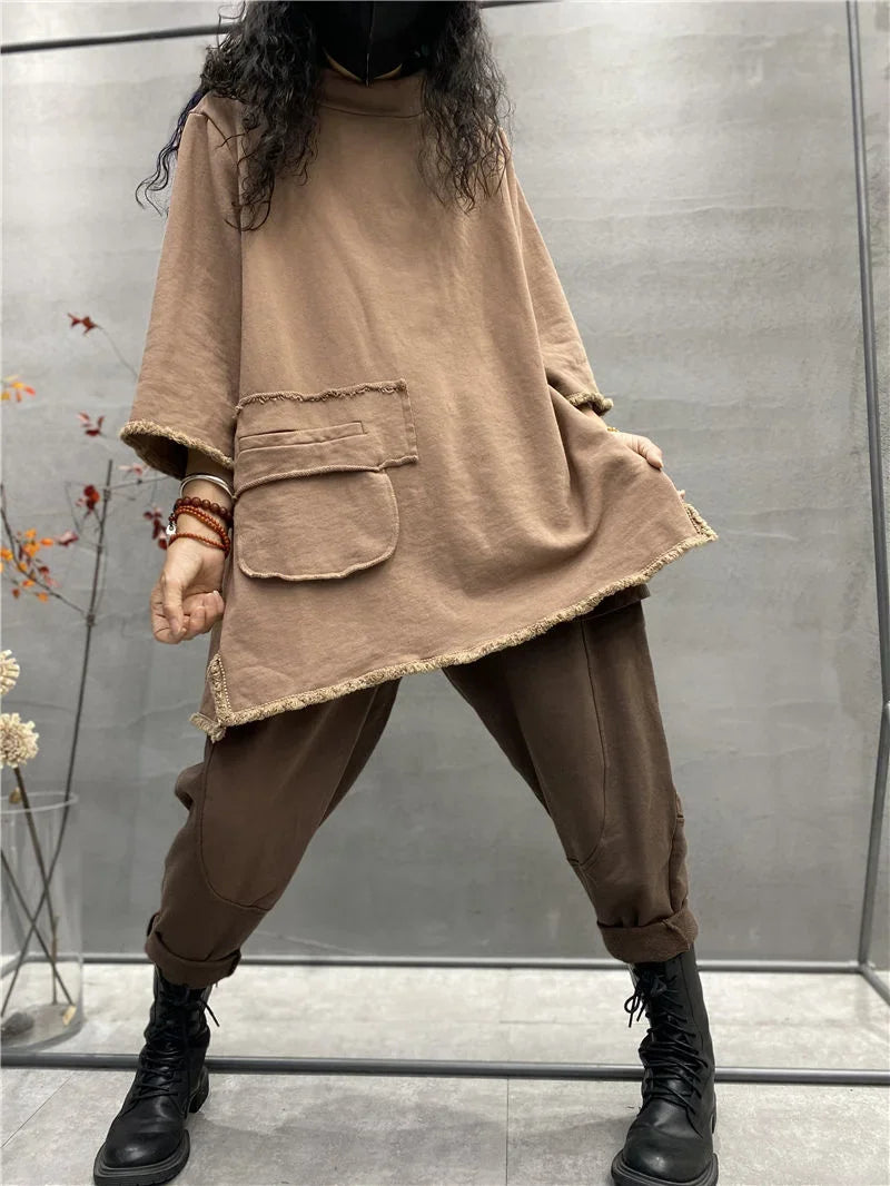Womens plus size long sleeve top in light coffee, full length loose fit casual t-shirt worn with brown pants and boots