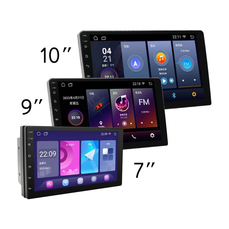 Car touchscreen display with CarPlay option in 10 inch, 9 inch and 7 inch screen sizes showing app icons