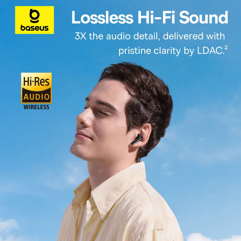 Person wearing noise cancelling wireless earbuds – lossless Hi-Fi sound, LDAC, Hi-Res Audio Wireless