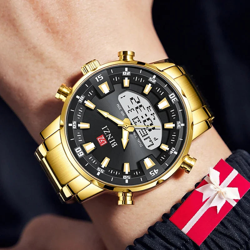 Men's gold dual display watch with black dial on wrist with gift box in background — analog digital quartz wristwatch
