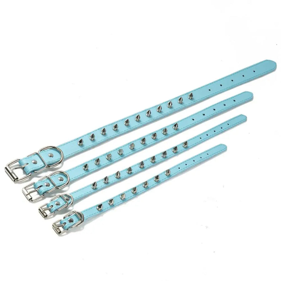 Light blue spiked dog collars – PU leather studded collars with silver hardware
