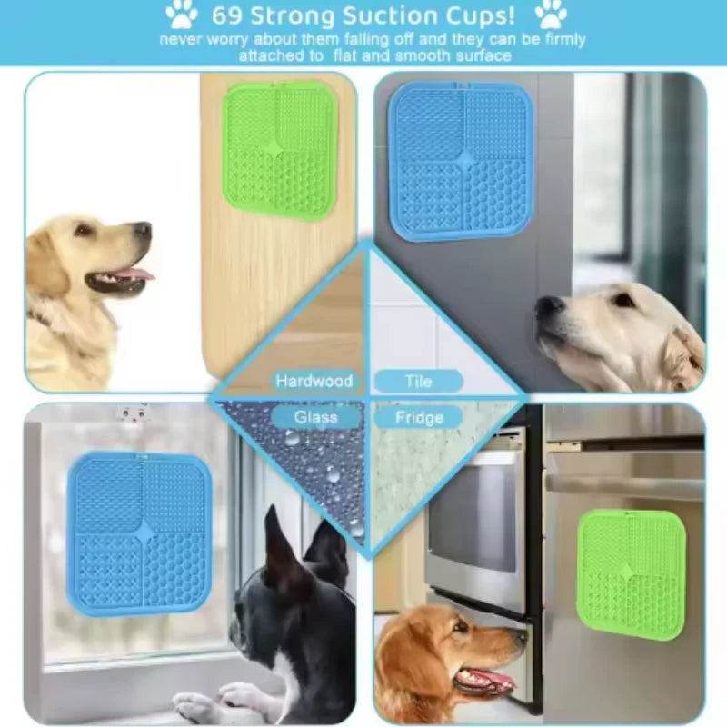 Dog lick mats with strong suction cups attached to hardwood, tile, glass and fridge surfaces, shown with dogs