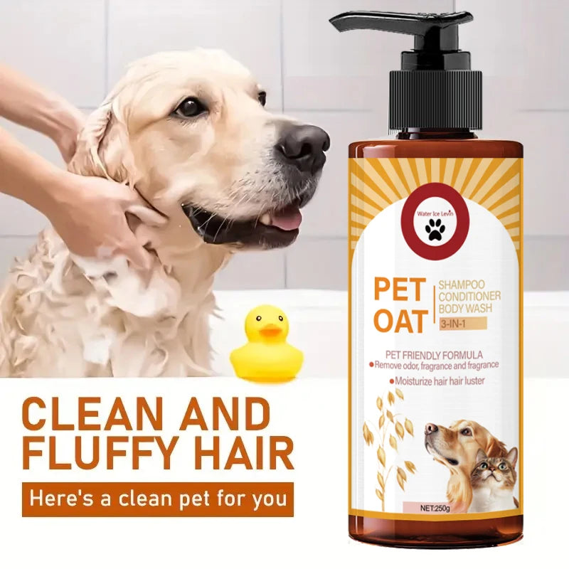 Pet Oat 3-in-1 deodorizing pet shampoo conditioner body wash – clean and fluffy hair, golden retriever being washed