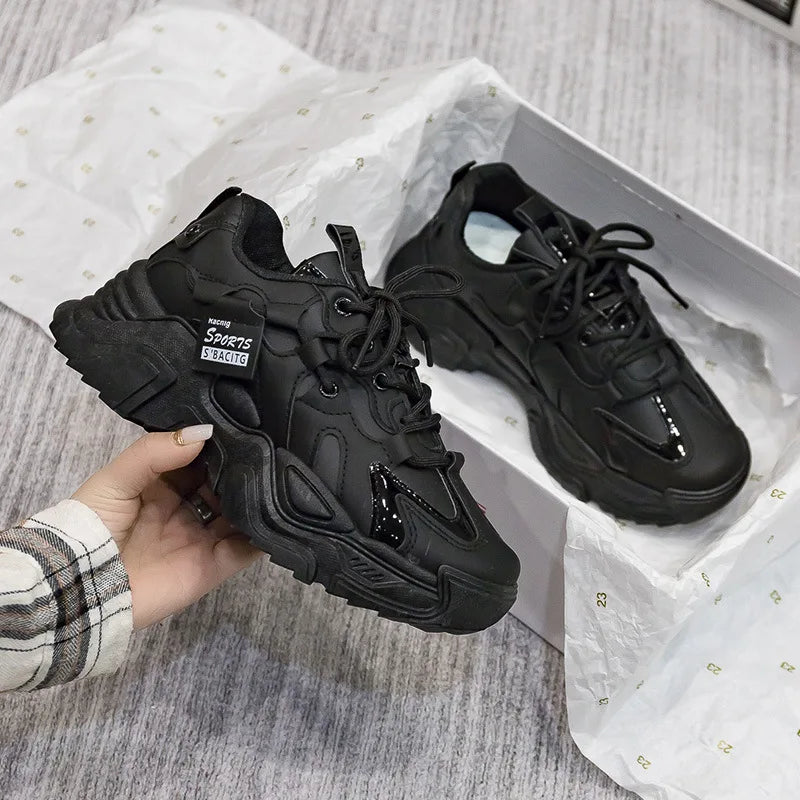 Women's Platform Leather Sneakers – Versatile Black Lace-Up (2025)