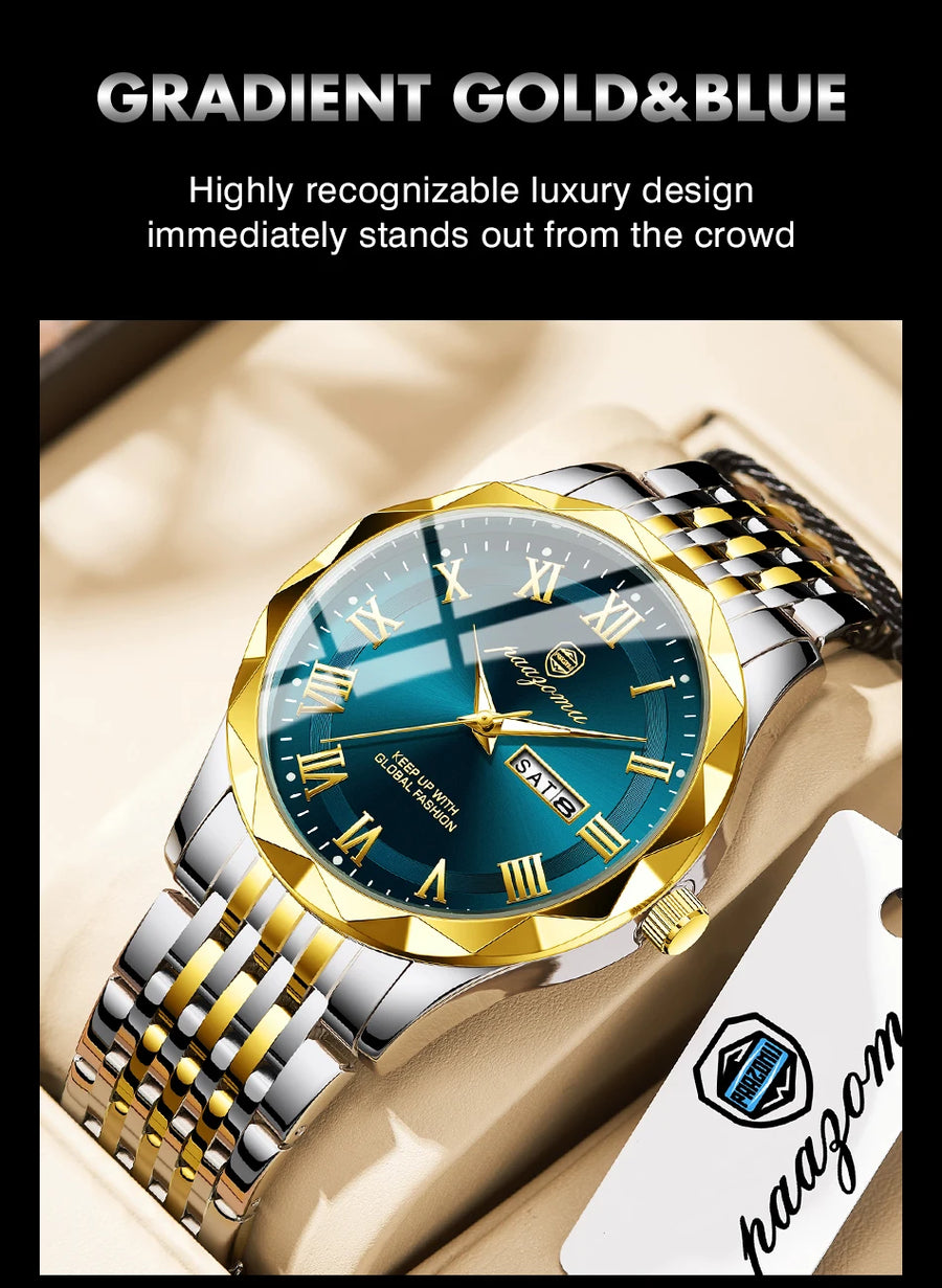 Men's minimalist quartz leisure watch – luxury watch with gradient gold and blue design on beige background