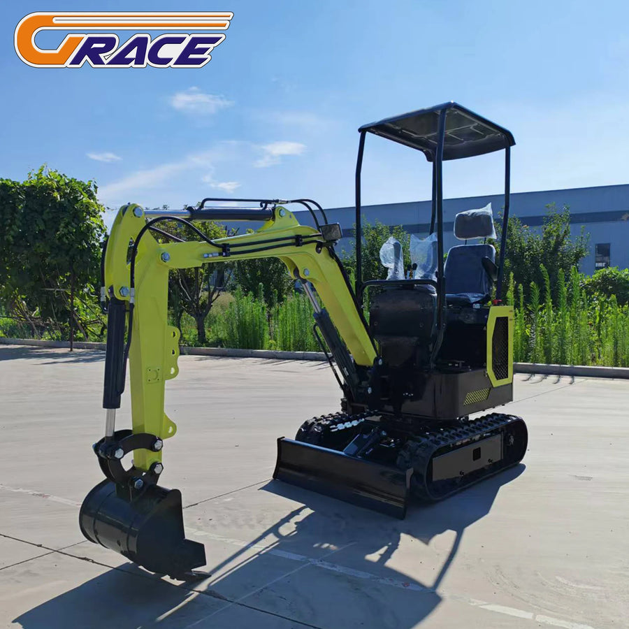1.8 ton mini excavator – yellow and black crawler digger with protective cab and front bucket