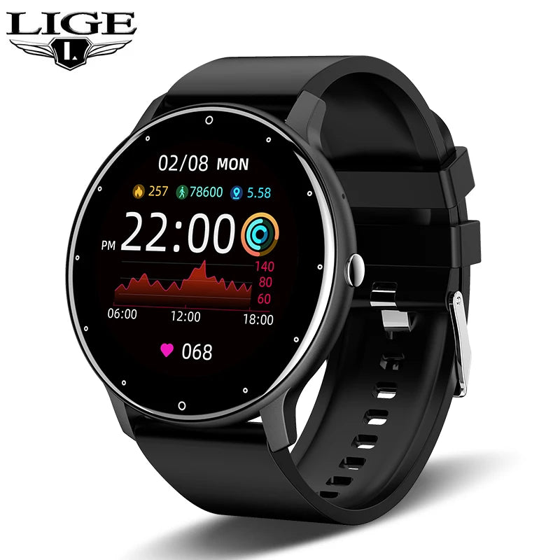 Beige LIGE smartwatch with digital display showing LIGE branding