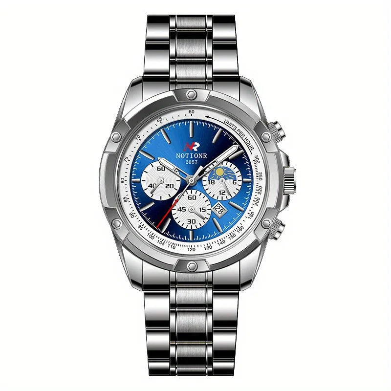 Men's quartz chronograph watch with blue dial and silver alloy band on a white background, featuring the brand 'NOTIONR'.
