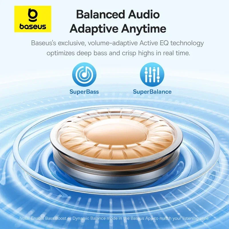 Close-up of noise cancelling wireless earbud – Baseus balanced adaptive audio technology