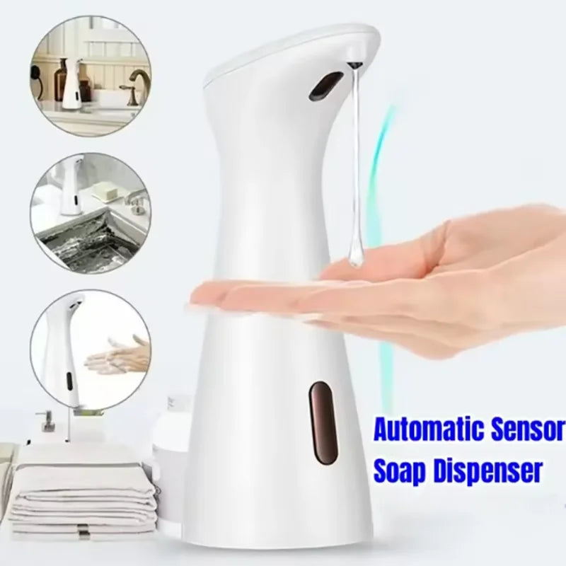 Automatic sensor soap dispenser with hand gesture detection, shown in a bathroom setting.
