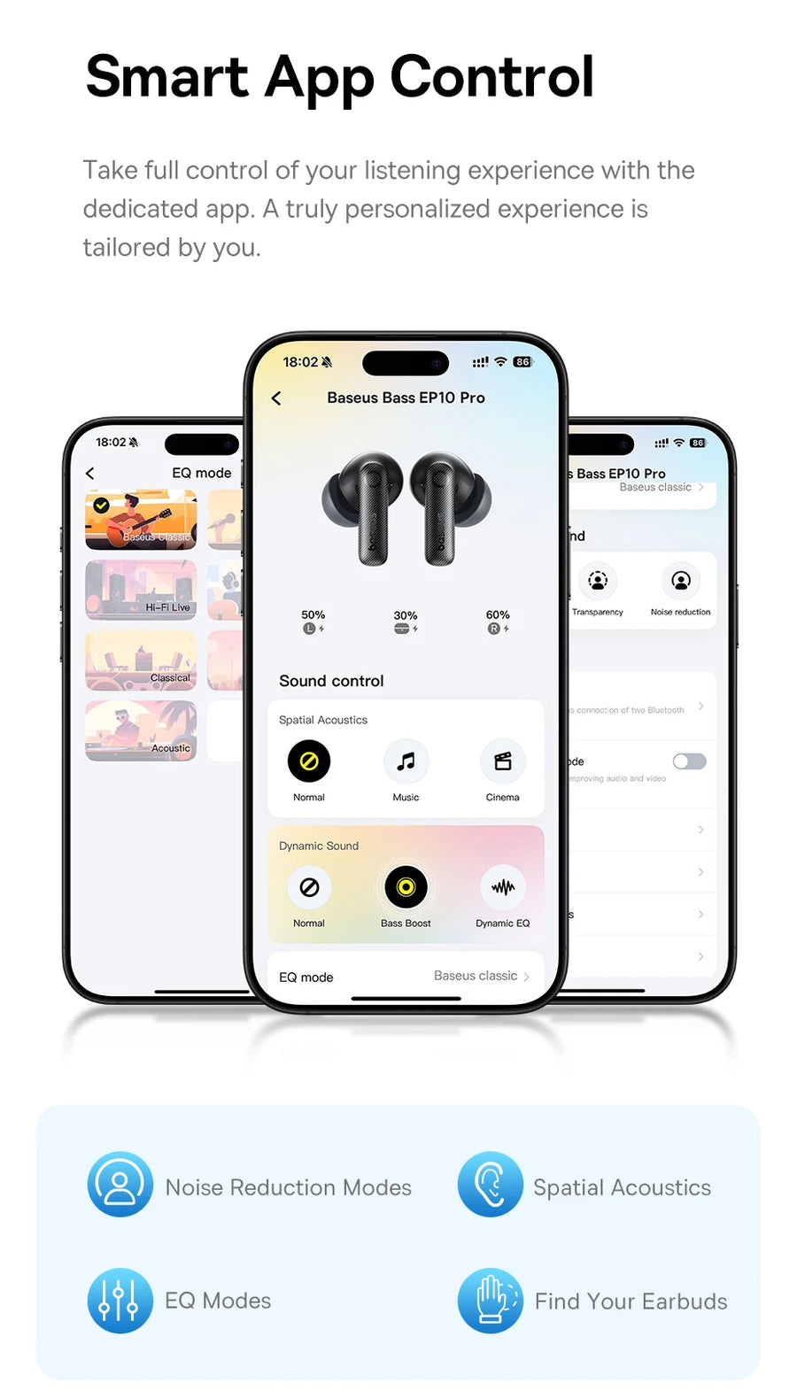 Smart app control for wireless earbuds with smartphone screens showing app interface.