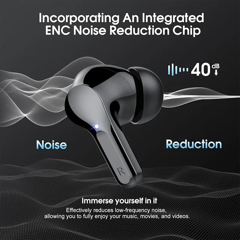 Wireless earbuds with noise reduction feature on a dark background
