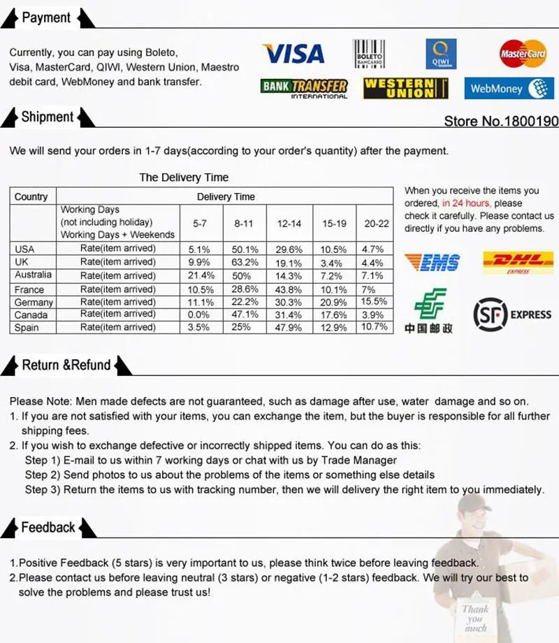 Payment, shipping, delivery time and return policy information graphic from the supplier