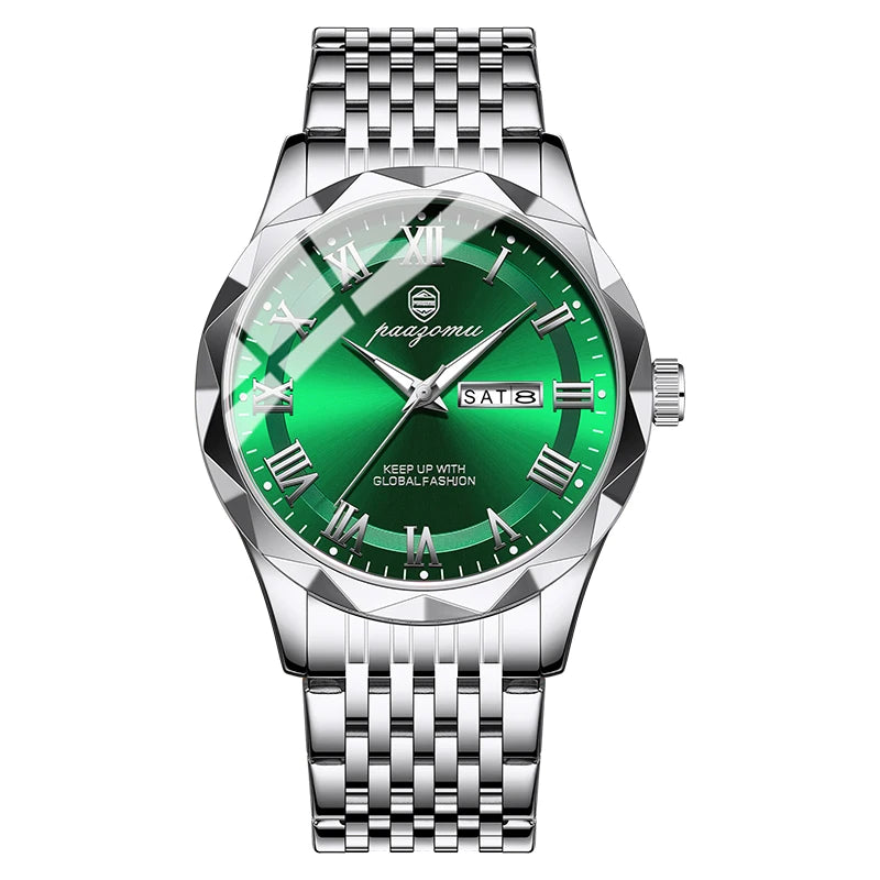 Men's minimalist quartz leisure watch – green watch with silver metal strap on white background