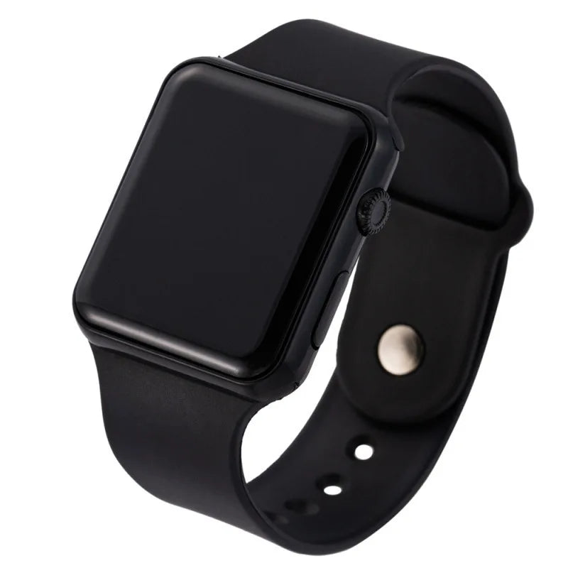 Black LED digital sport watch with black band on white background, side view of unisex casual watch.
