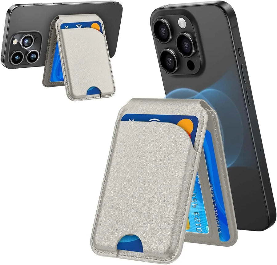 Phone case with card holder attached to a smartphone on a white background