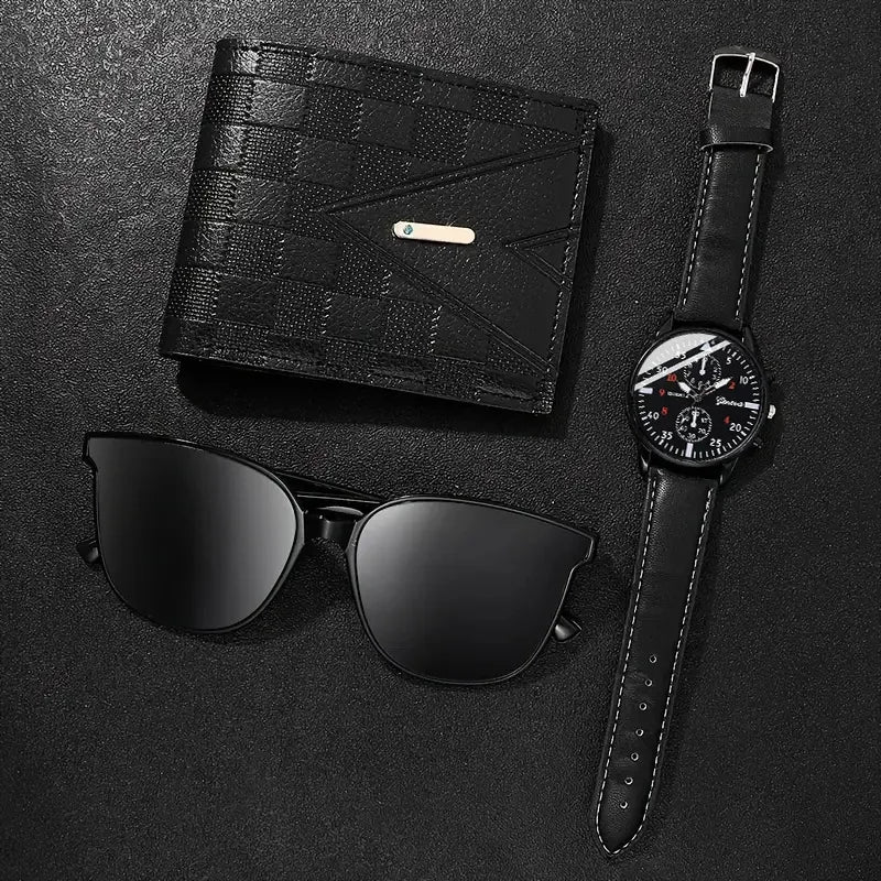Black wallet, sunglasses, and watch on a dark textured surface